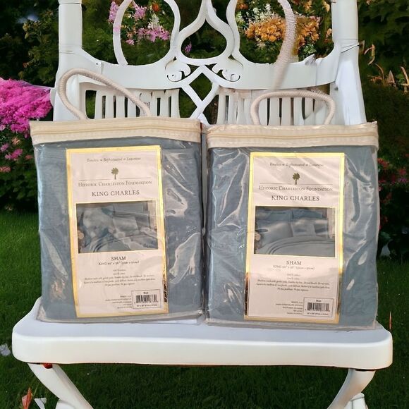 Historic Charleston Foundation King  Charles Shams Set Of 2 NEW Blue Textured. - Picture 1 of 16